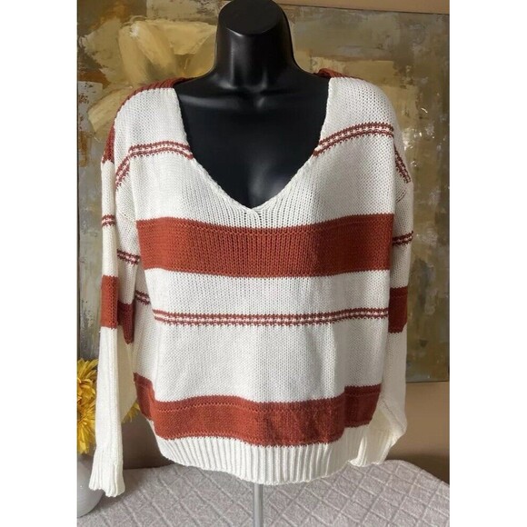 SHEIN Drop Shoulder Sweater Vneck Rust & White Striped Small - Picture 1 of 14
